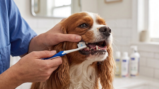 Person brushing Cavalier King Charles Spaniel's teeth in home bathroom for dog dental hygiene education, pet oral care, responsible dog ownership, and animal wellness content