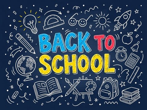 Back to school chalkboard background with school supplies doodles and colorful text