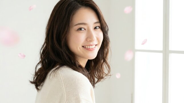 明るい部屋で、ウェーブのかかった茶色の髪をした美しい若い日本人女性が、カメラを見つめながら明るく微笑んでいる。