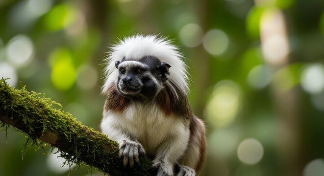 Cotton-top tamarin monkey perched on a mossy branch in lush green rainforest with soft bokeh background
