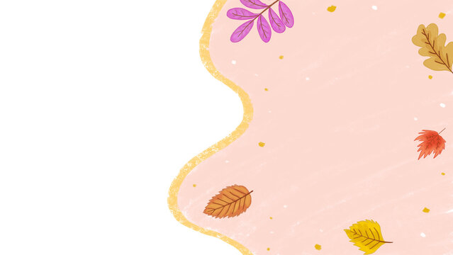 Autumn banner template with abstract background shapes, dry falling leaves, and subtle crayon texture in warm seasonal colors.