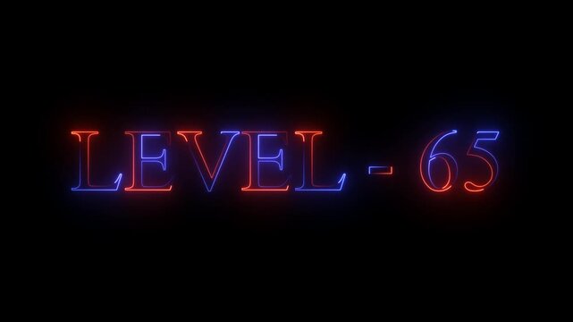 Glowing Red and Blue Neon Level 65 Text Animation Futuristic Video Game Stage Clearance UI Overlay Element