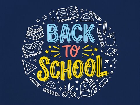 Back to school creative lettering with school supplies illustration on dark blue background