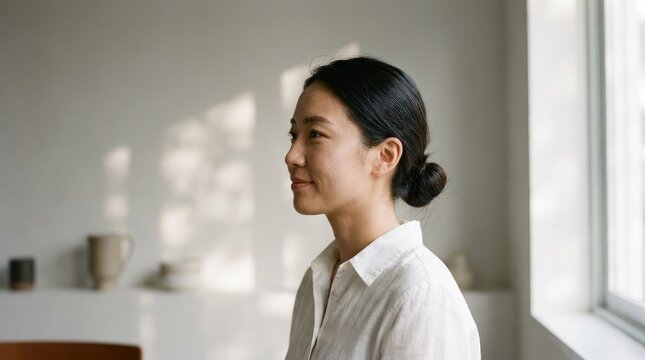 明るいミニマルな部屋で、柔らかな自然光が顔に当たる窓の外を眺めている若いアジア人女性。