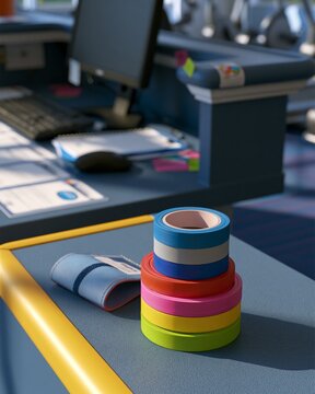 Therapy Band Resistance Set with Colorful Tape Rolls on Gym Desk