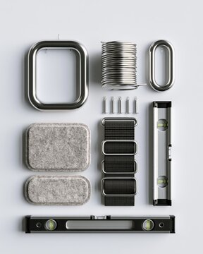 Small Gallery Hanging Hardware Set with D-Rings, Wire Coil, Felt Pads, Screws, and Level Tool