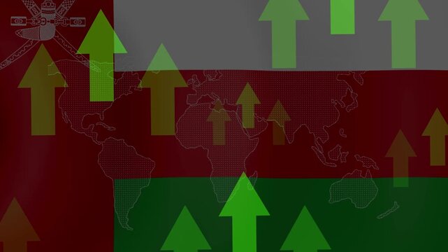 Oman Flag Economy Growth Arrows: Green arrows pointing upwards overlay the flag of Oman and a world map, symbolizing economic growth and positive development in the country.