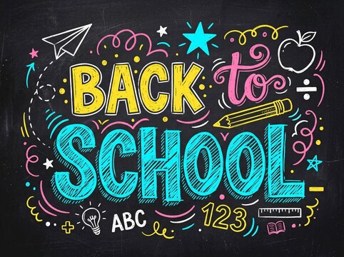 Colorful back to school chalk art on a blackboard with school supplies and educational doodles, handdrawn style