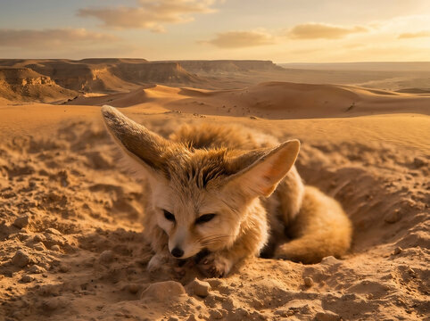 A cute fennec fox resting on the warm sand in a vast desert landscape with dunes and rocky cliffs during a beautiful golden hour sunset.
