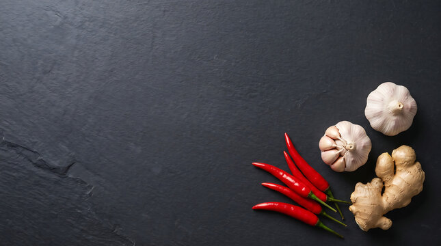 Ginger Garlic And Chili Peppers On A Dark Slate Background