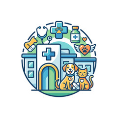 Naklejka premium Veterinary Clinic with Dog, Cat, Stethoscope, Medical Icons - Animal Care Concept