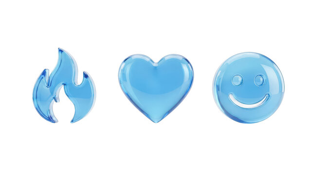 Blue glossy fire heart and smiley face icons set isolated on transparent background, illustration