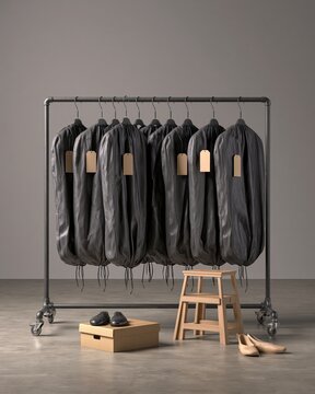Dance Costume Storage Rack with Garment Bags and Shoes in Studio