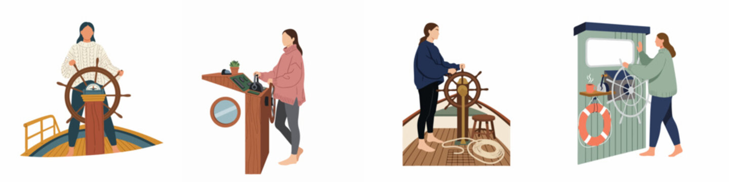 Set of four flat illustrations of women steering various types of boats and ships using a nautical helm.