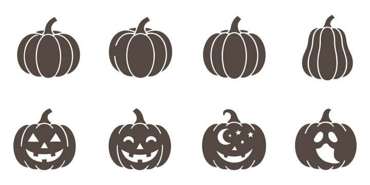 Set of eight different pumpkin and jack-o-lantern icons in flat monochrome style