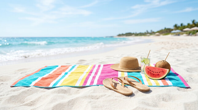 Colorful beach towel with hat and tropical fruits on sandy shore - Concept of Summer end of season  