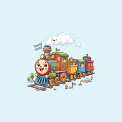 Happy cartoon locomotive carrying toys on railway tracks with smiling steam clouds