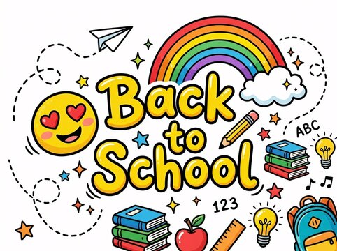 Colorful back to school illustration with school supplies, rainbow, and happy emoji, isolated on white background