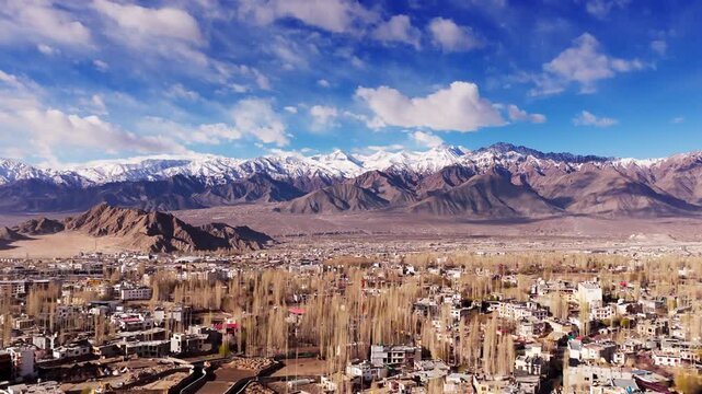 Aerial view of Leh City Market surrounded by buildings and trees with snow-capped Himalayan mountains in the background in Leh, Ladakh, India.