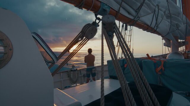 Sailing the Atlantic. Male sailor stands on the deck of the big sailing boat moving in the Atlantic Ocean under the sails and enjoys the last light of the day