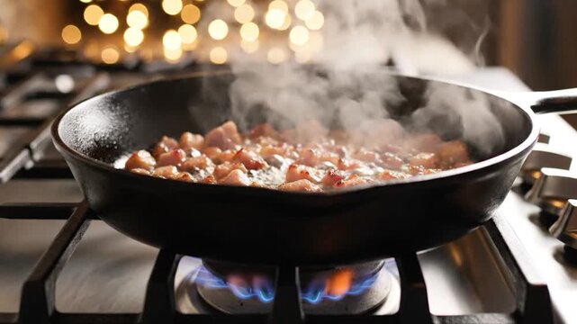 Bacon bits sizzling in cast iron skillet on gas stove with steam