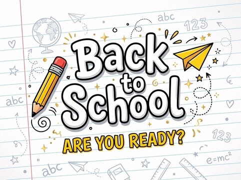 Back to school are you ready lettering with pencil and paper plane on lined paper background