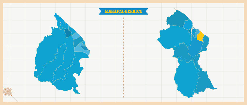 Mahaica-Berbice Region Highlighted in Guyana Map, Modern Guyana and Mahaica-Berbice Administrative Map, Colorful High Detailed Vector with Geographical Borders