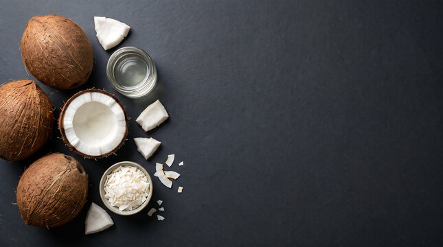 Coconuts and coconut products on a dark slate background