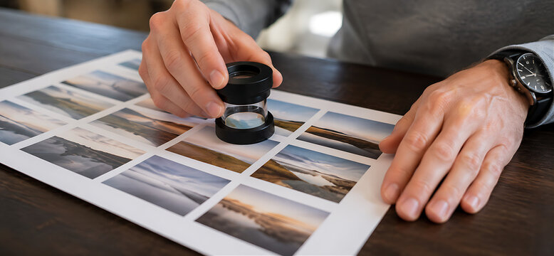 Close-up of photographer hand holding loupe over abstract image on contact sheet &mdash; durable watch, dark wood desk, creative editing, selection