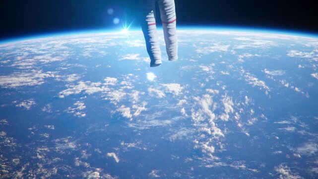 Cinematic Astronaut Floating Sunrise Over Earth Planet Atmosphere. 