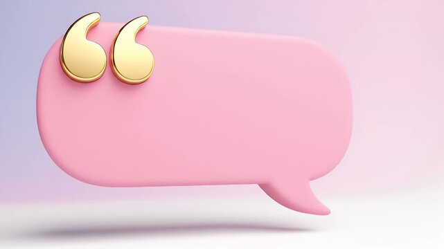 Soft pink three-dimensional speech bubble graphic featuring quotation marks on a white studio background