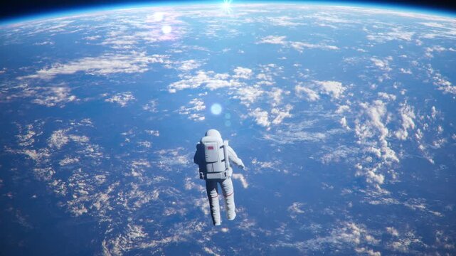 Zoom Out Back View of Astronaut Floating Alone in Outer Space Viewing Sunrise Over Earth Atmosphere, Visionary Concept.