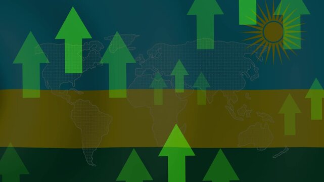Rwanda Economic Growth: Green arrows symbolize upward trends superimposed on the flag of Rwanda and a world map, indicating economic progress and global development