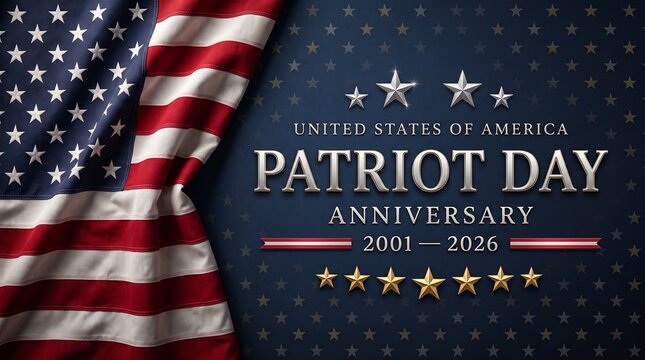 Patriot Day memorial banner the anniversary of September 11 with American flag background, stars and national symbols of remembrance. Vector