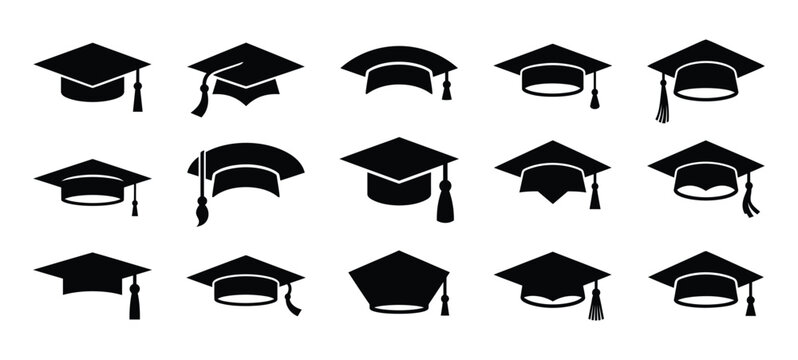 A collection of fifteen different black silhouette icons representing graduation caps and mortarboards for academic achievement and success