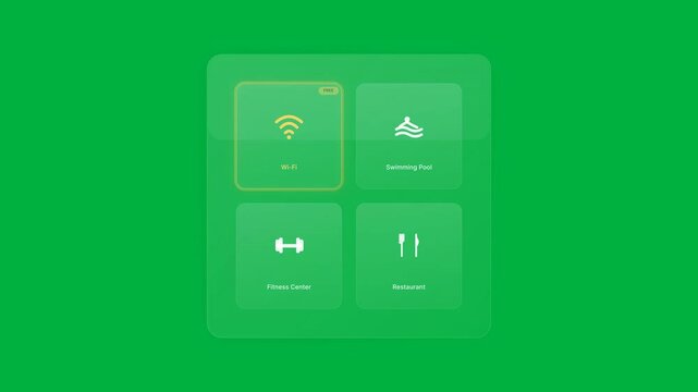 Hotel room service dashboard grid with interactive icons for wifi, gym, pool and dining amenities