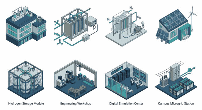 Isometric illustration of renewable energy infrastructure and technological facilities.