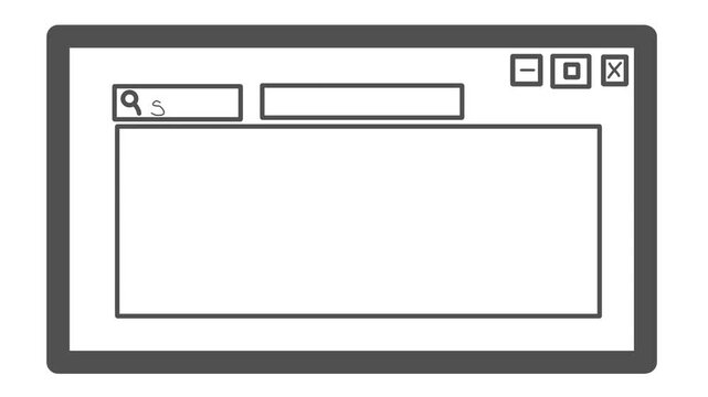 A text bar next to a magnifying glass flashes in the operating system window. Then the word "search" is typed.