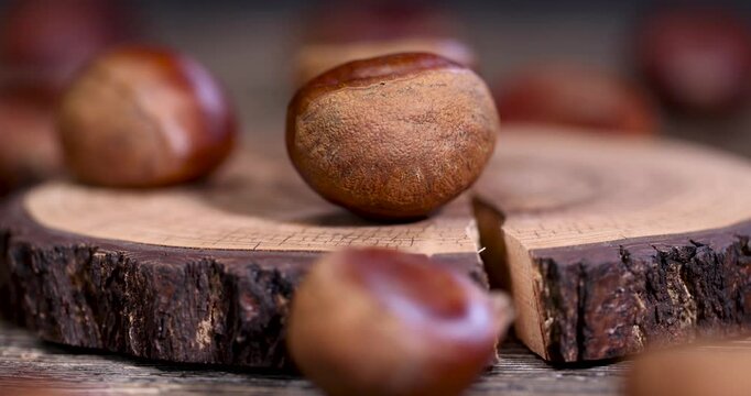 A whole chestnut of a brown shade, this ripe chestnut lies on the surface of a wooden circle with a crack next to other fruits on the table.