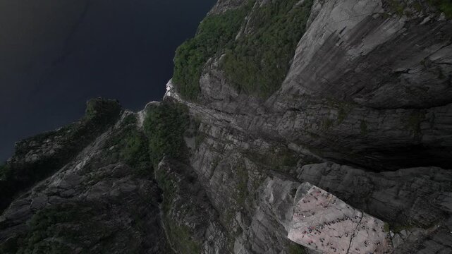Aerial view of the iconic Pulpit Rock cliff formation rising above the landscape in Strand, Rogaland, Norway.