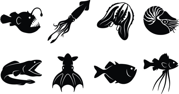 Deep sea creatures silhouettes set including anglerfish giant squid comb jelly nautilus gulper eel vampire squid vector