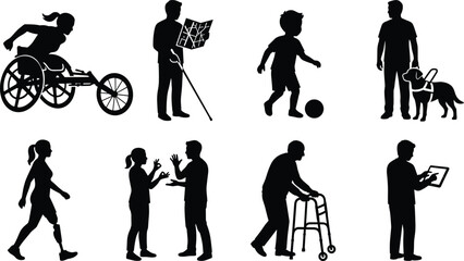 Fototapeta premium Disabled People and Accessibility Silhouettes Set Featuring Inclusion Diversity and Support for Healthcare Design