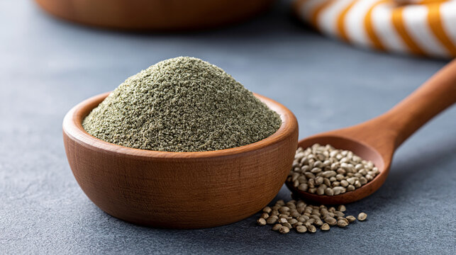 Hemp protein powder overflowing in a wooden bowl with hemp seeds scattered on a gray concrete surface, promoting plant based nutrition and healthy superfood ingredients