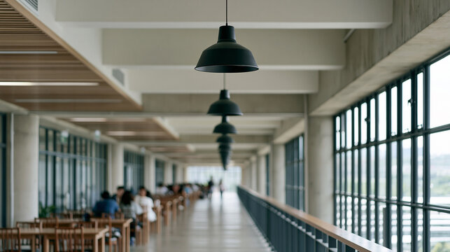 Modern university campus study hall interior with students studying and collaborating at wooden tables. Featuring a long hallway. Large windows, copy space