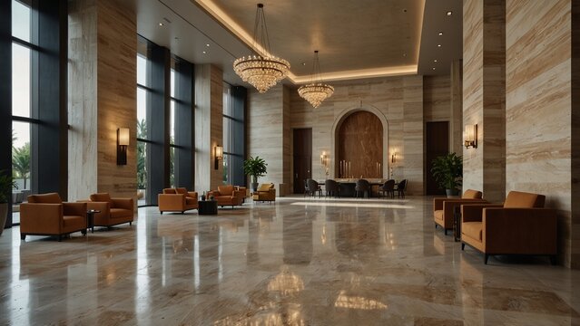 Generative AI illustration: hotel lobby with chandel and chandel with detailed texture