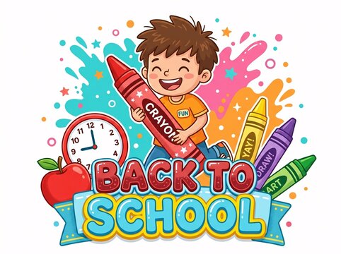Happy boy holding a giant red crayon with school supplies and back to school text isolated on white background
