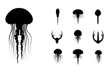 Black silhouette jellyfish collection a variety of marine life forms in minimalist design © NusratJahan