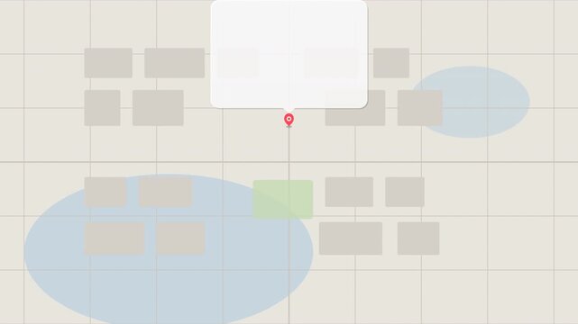 Interactive digital map navigation interface with location pin marker, popup info window, route