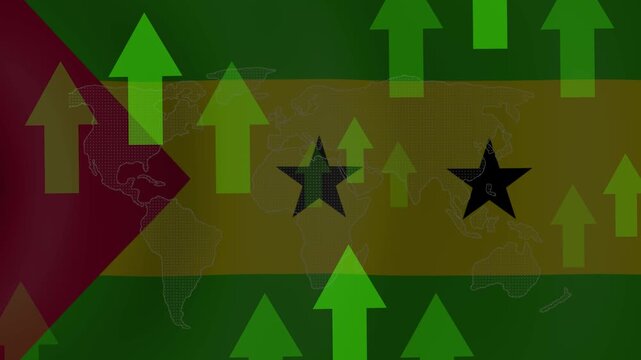 Sao Tome and Principe Flag with Upward Arrows: A patriotic depiction of the Sao Tome and Principe flag, overlaid with numerous green upward-pointing arrows, symbolizing growth, progress.