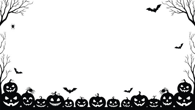 Black silhouette halloween border with pumpkins bats and bare trees